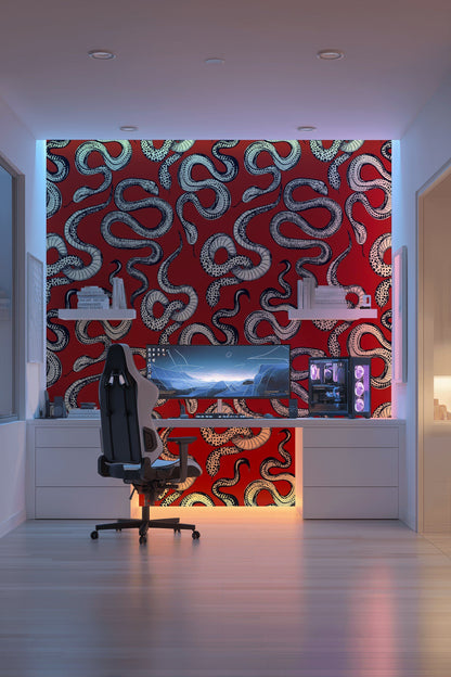 Bold Red and Black Serpentine Design Wallpaper