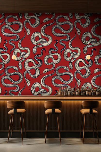 Bold Red and Black Serpentine Design Wallpaper