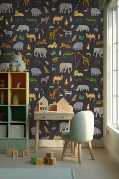 Playful Safari Animal Black Kids Wallpaper