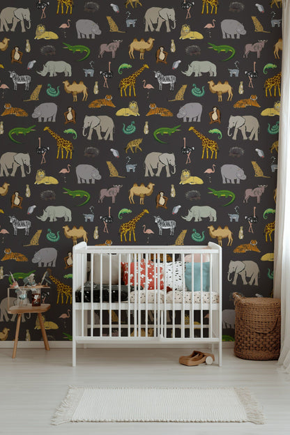 Playful Safari Animal Black Kids Wallpaper