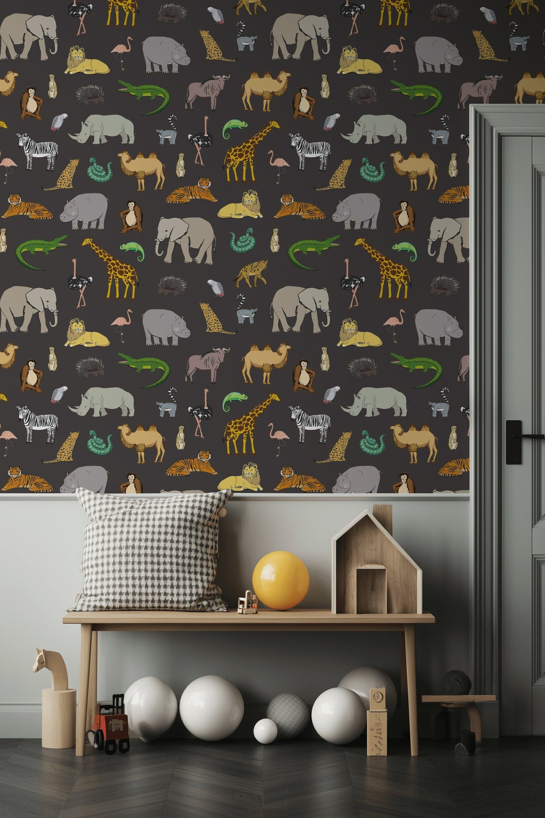 Playful Safari Animal Black Kids Wallpaper