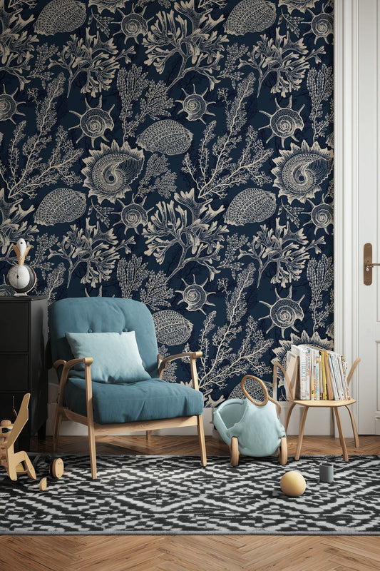 Vintage Ocean Wallpaper Navy Coral Sea Shell Wall Mural