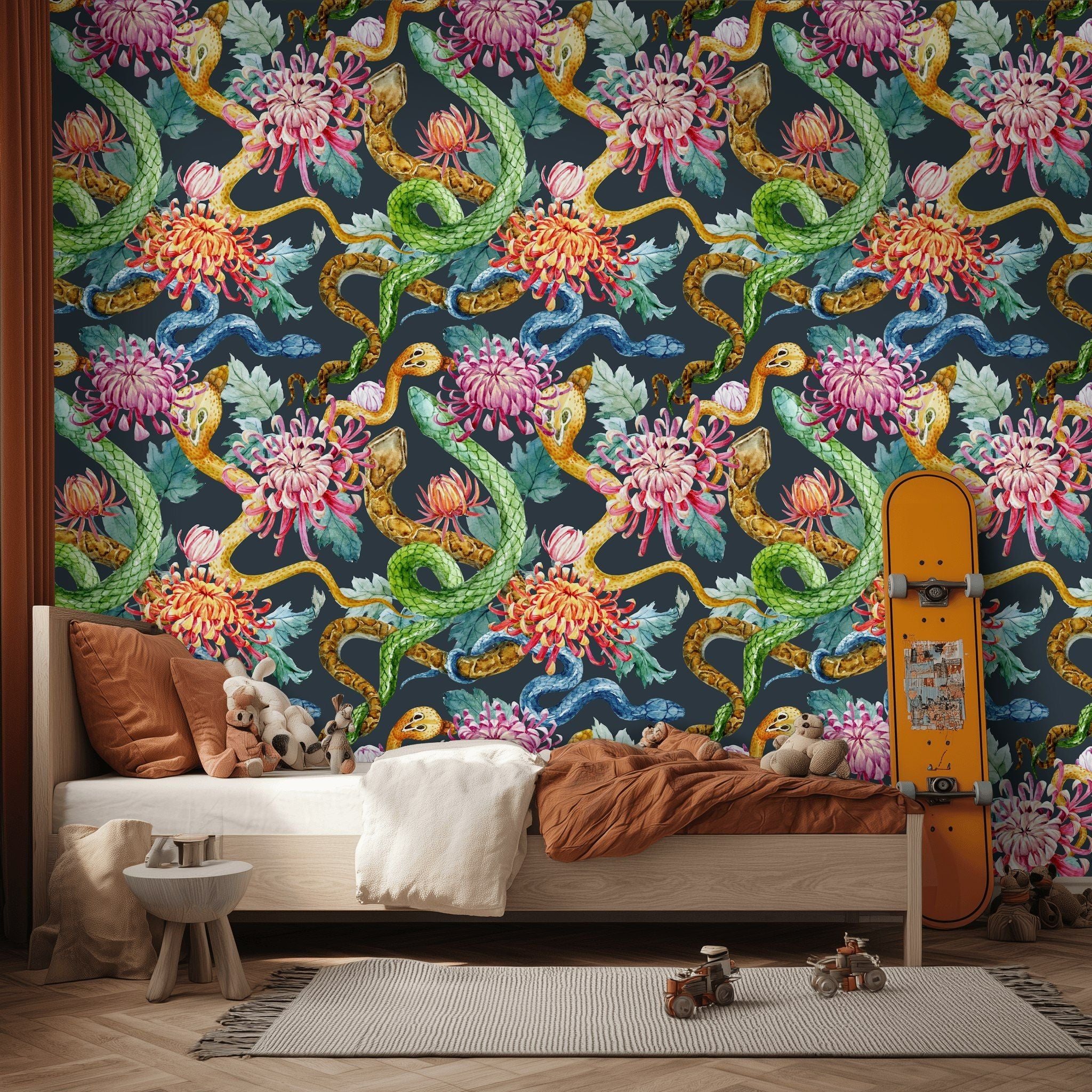 Dark Multicolor Snake and Chrysanthemum Wallpaper