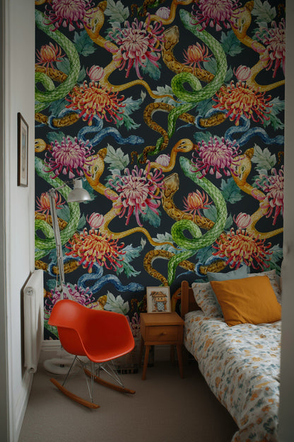 Dark Multicolor Snake and Chrysanthemum Wallpaper