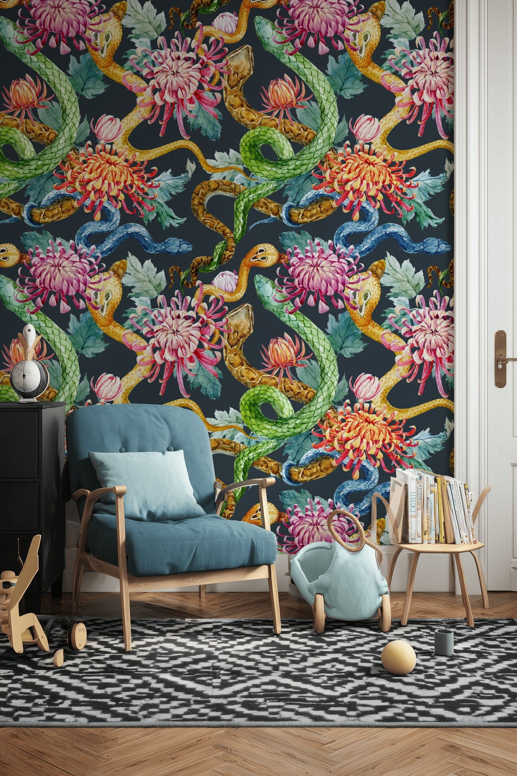 Dark Multicolor Snake and Chrysanthemum Wallpaper