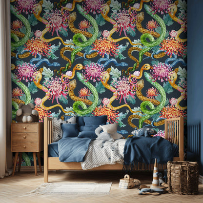 Dark Multicolor Snake and Chrysanthemum Wallpaper