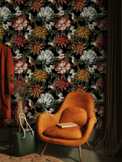 Vibrant Floral and Bird Black Background Wallpaper