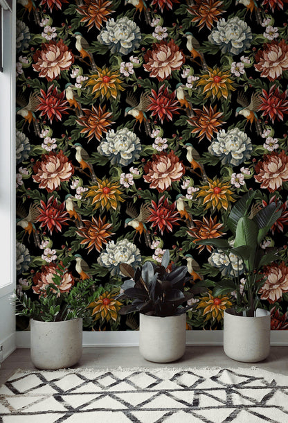 Vibrant Floral and Bird Black Background Wallpaper