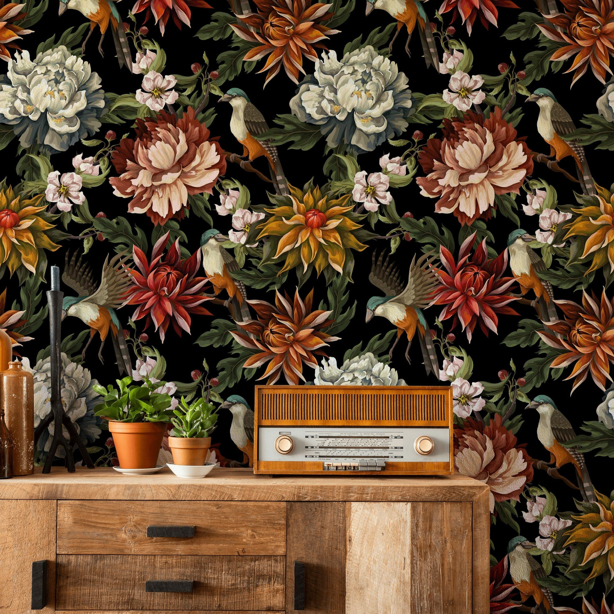 Vibrant Floral and Bird Black Background Wallpaper