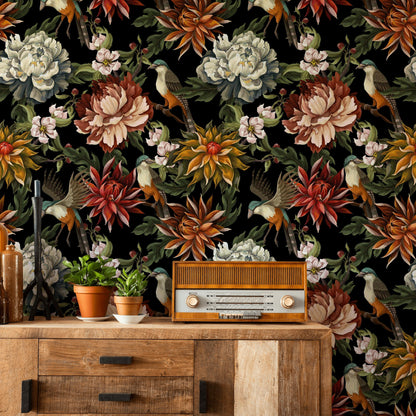 Vibrant Floral and Bird Black Background Wallpaper