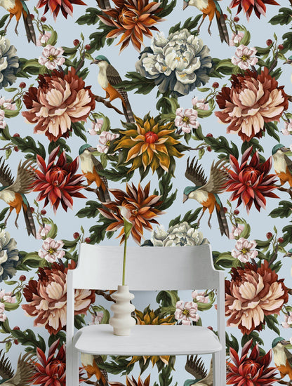 Light Blue Multicolor Floral and Bird Wallpaper
