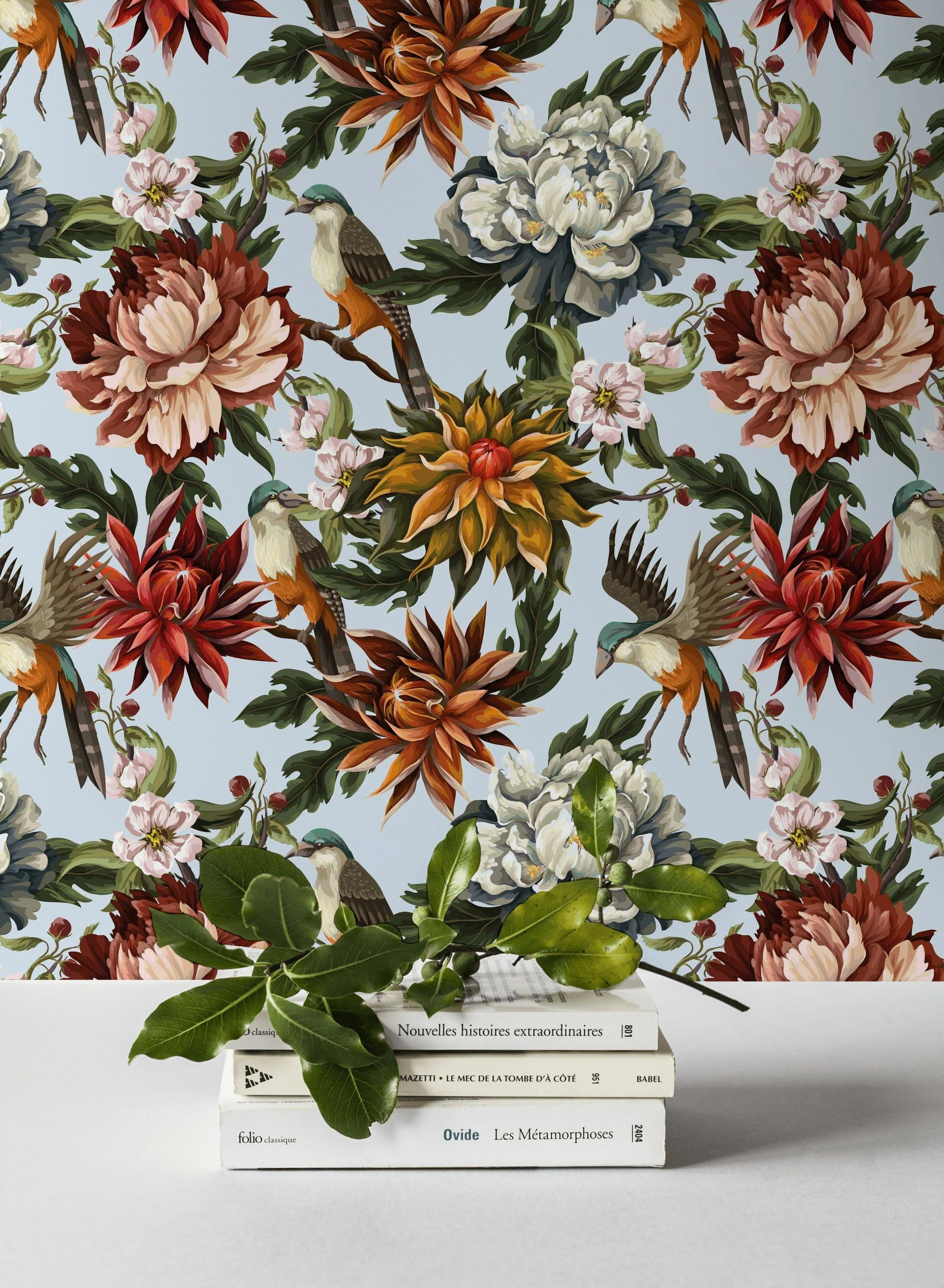 Light Blue Multicolor Floral and Bird Wallpaper
