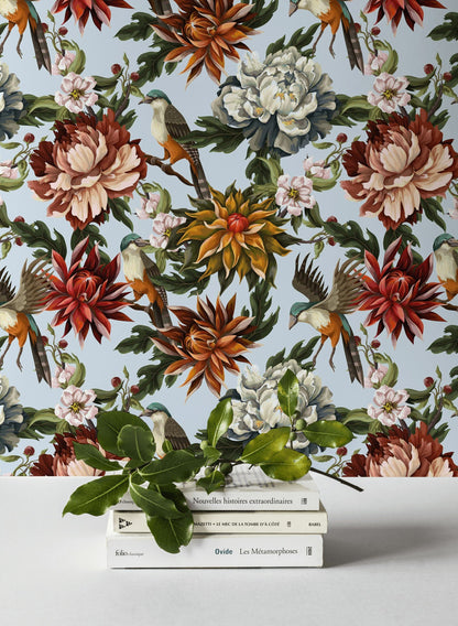 Light Blue Multicolor Floral and Bird Wallpaper