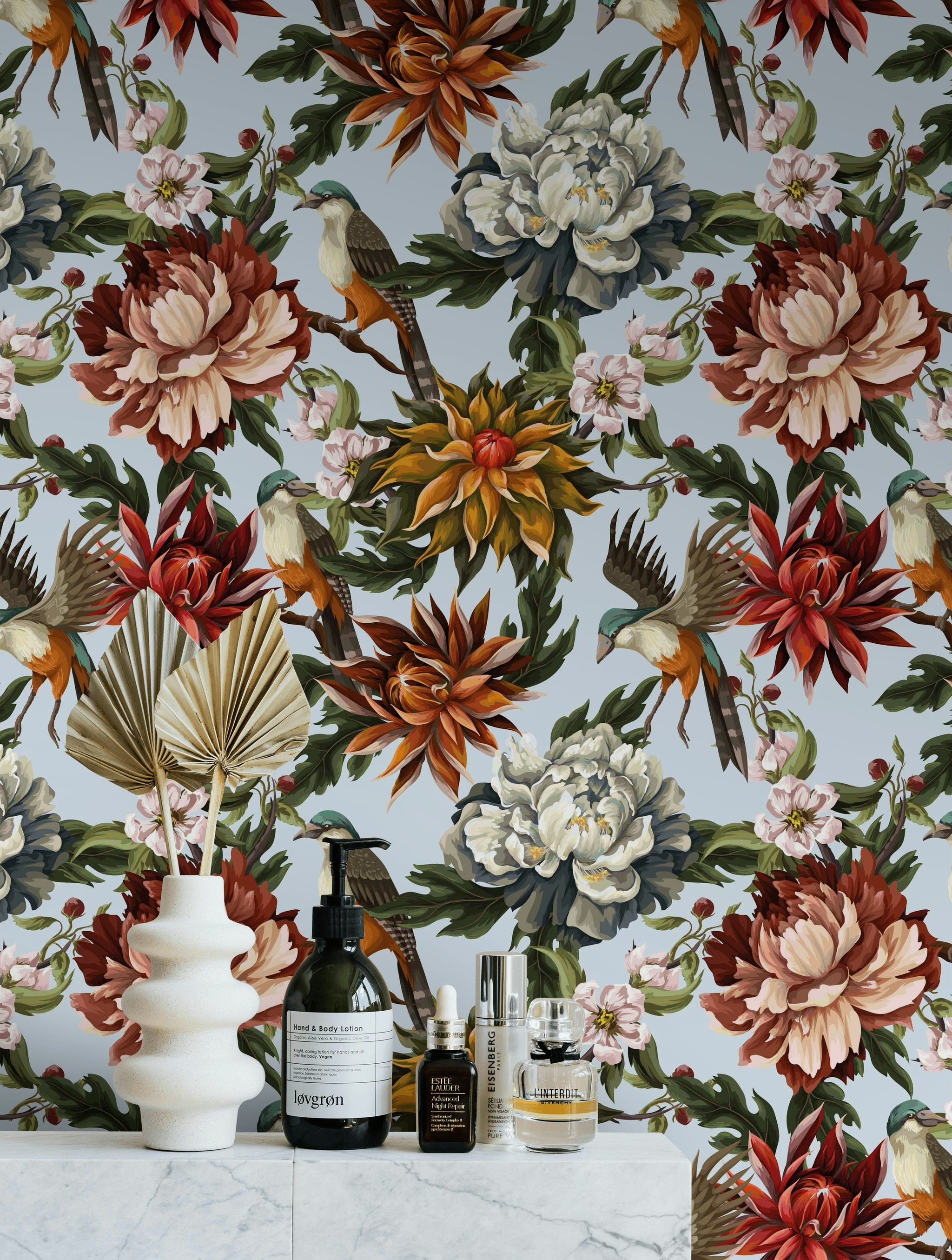 Light Blue Multicolor Floral and Bird Wallpaper