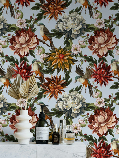 Light Blue Multicolor Floral and Bird Wallpaper