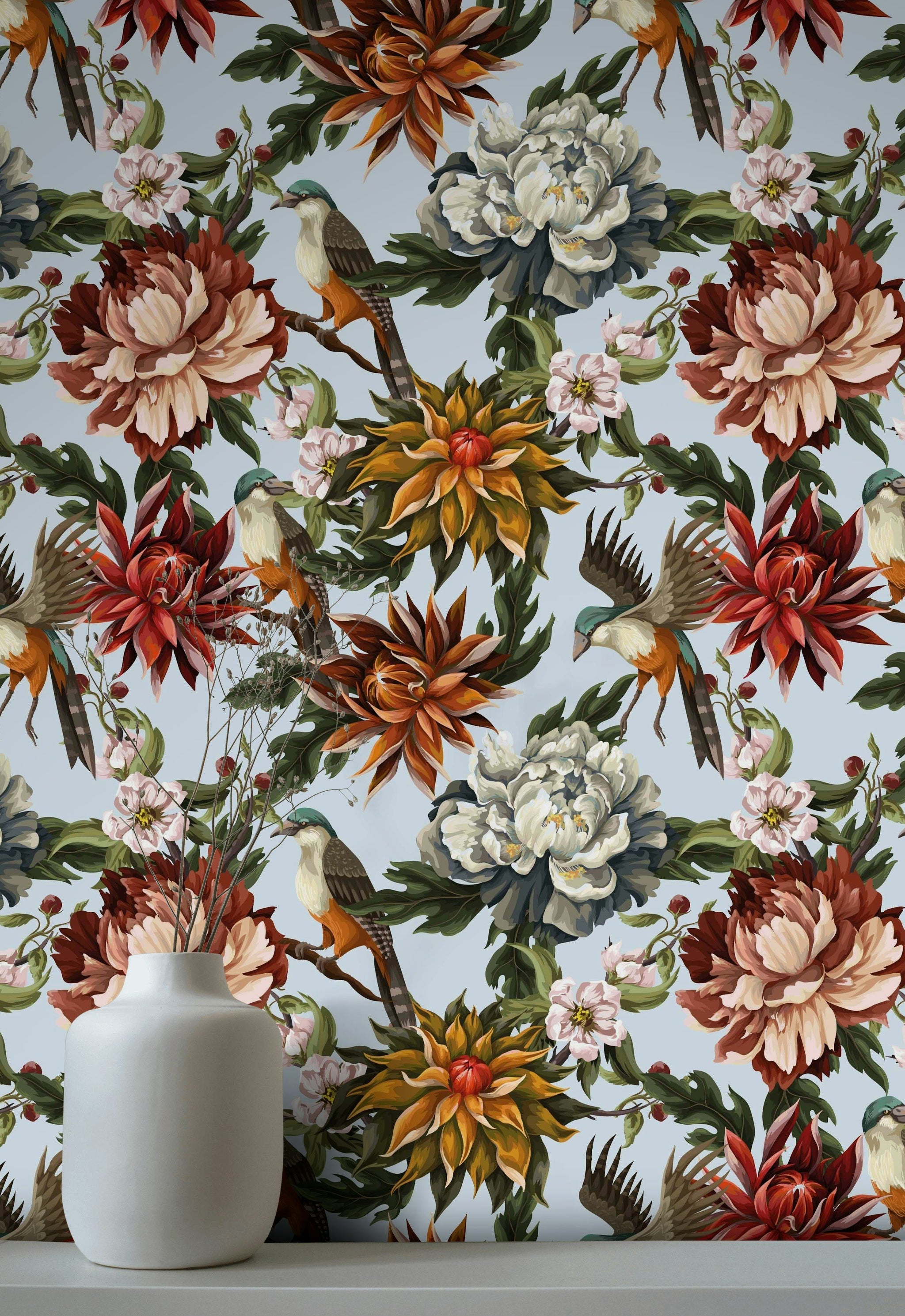 Light Blue Multicolor Floral and Bird Wallpaper