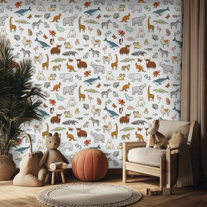 White Multicolor Cartoon Animal Kids Wallpaper