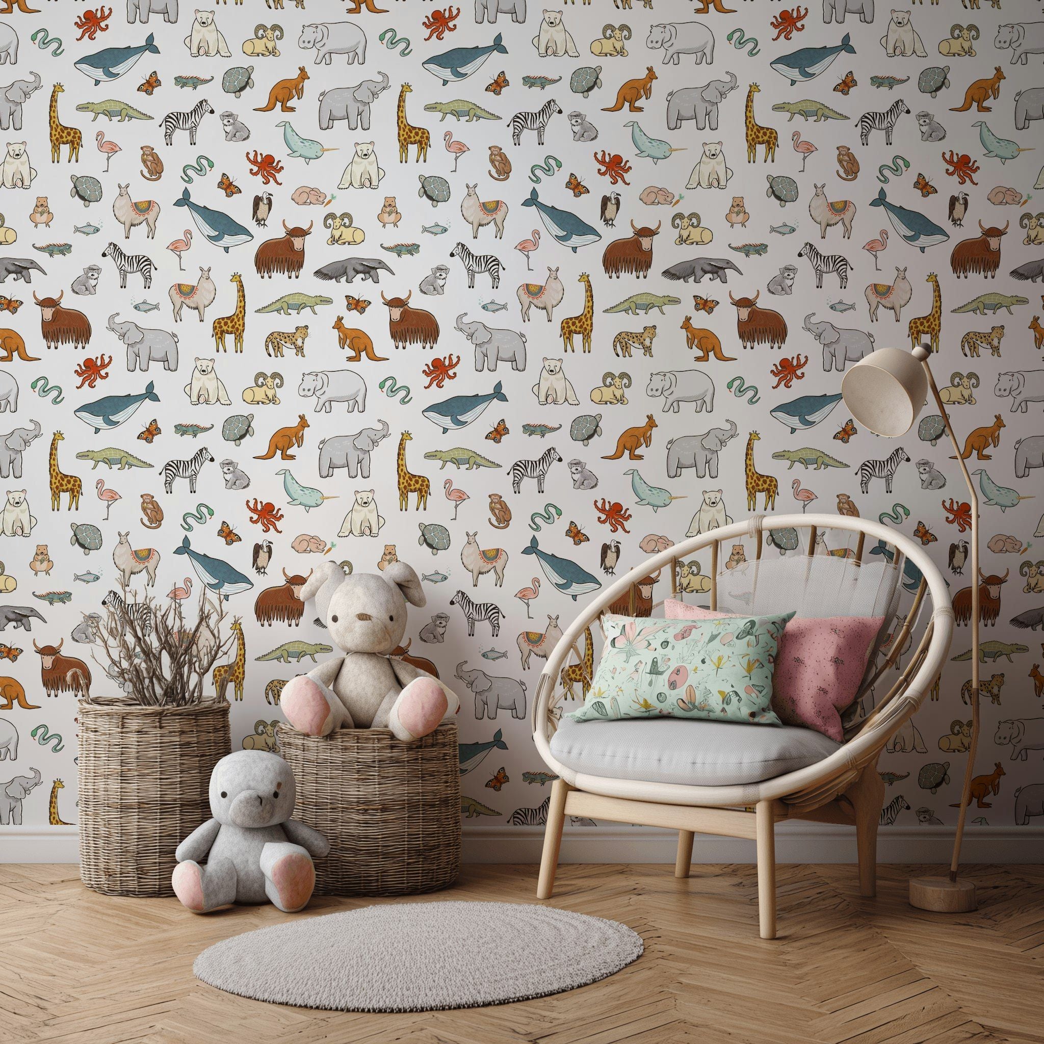 White Multicolor Cartoon Animal Kids Wallpaper