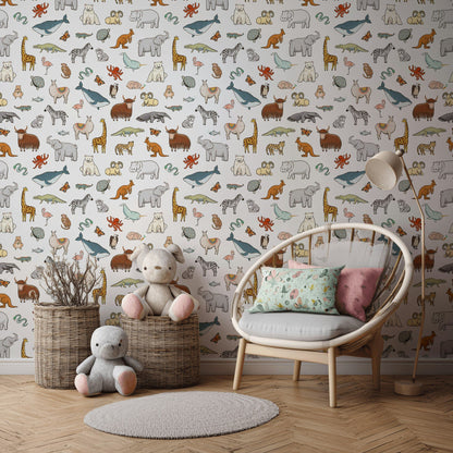 White Multicolor Cartoon Animal Kids Wallpaper