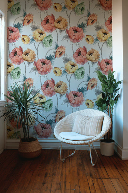 Sky Blue Multicolor Oversized Floral Wallpaper