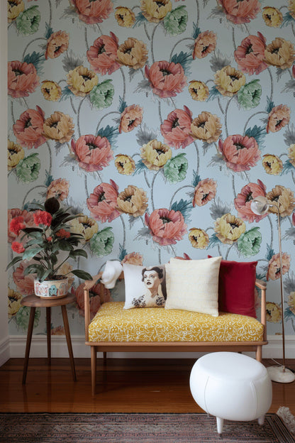 Sky Blue Multicolor Oversized Floral Wallpaper