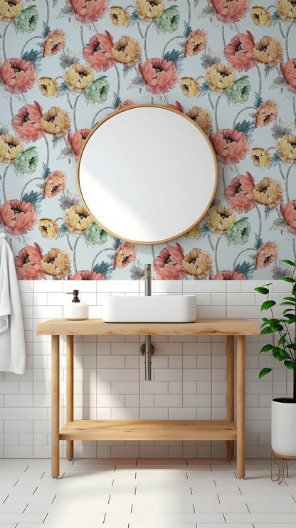 Sky Blue Multicolor Oversized Floral Wallpaper