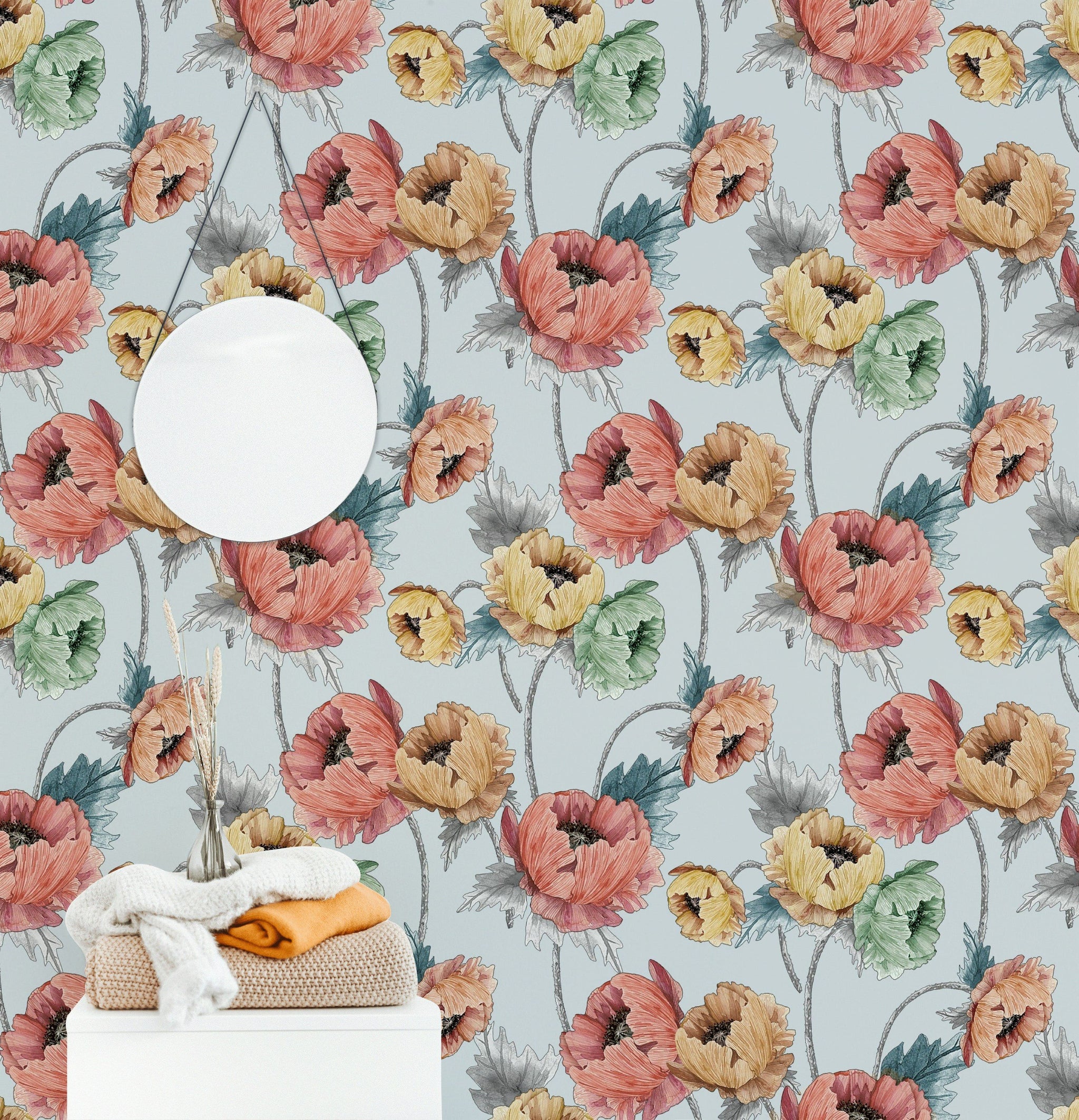 Sky Blue Multicolor Oversized Floral Wallpaper