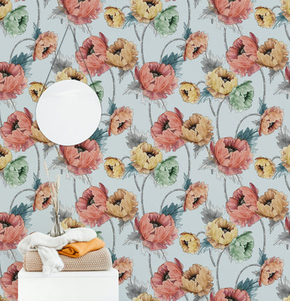 Sky Blue Multicolor Oversized Floral Wallpaper
