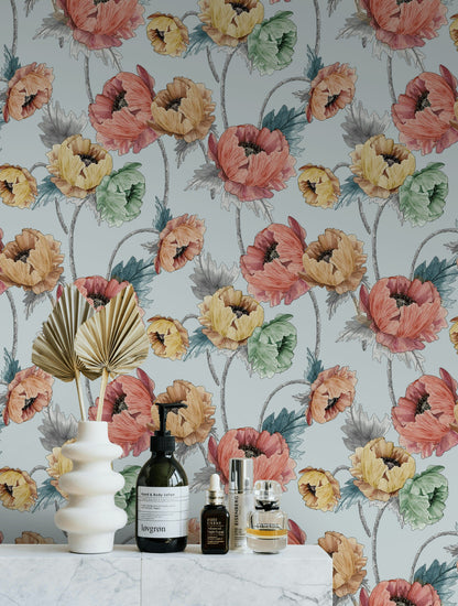 Sky Blue Multicolor Oversized Floral Wallpaper