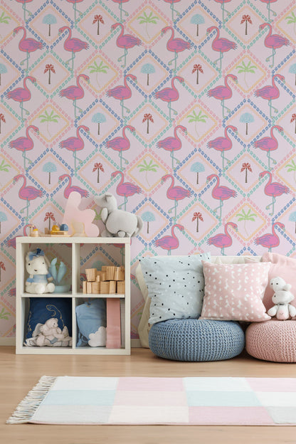 Blush Pink Flamingo Tropical Kids Wallpaper