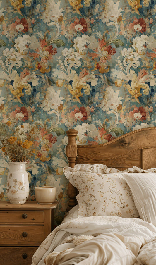 Vintage Floral Wallpaper Blue Removable Wall Decor