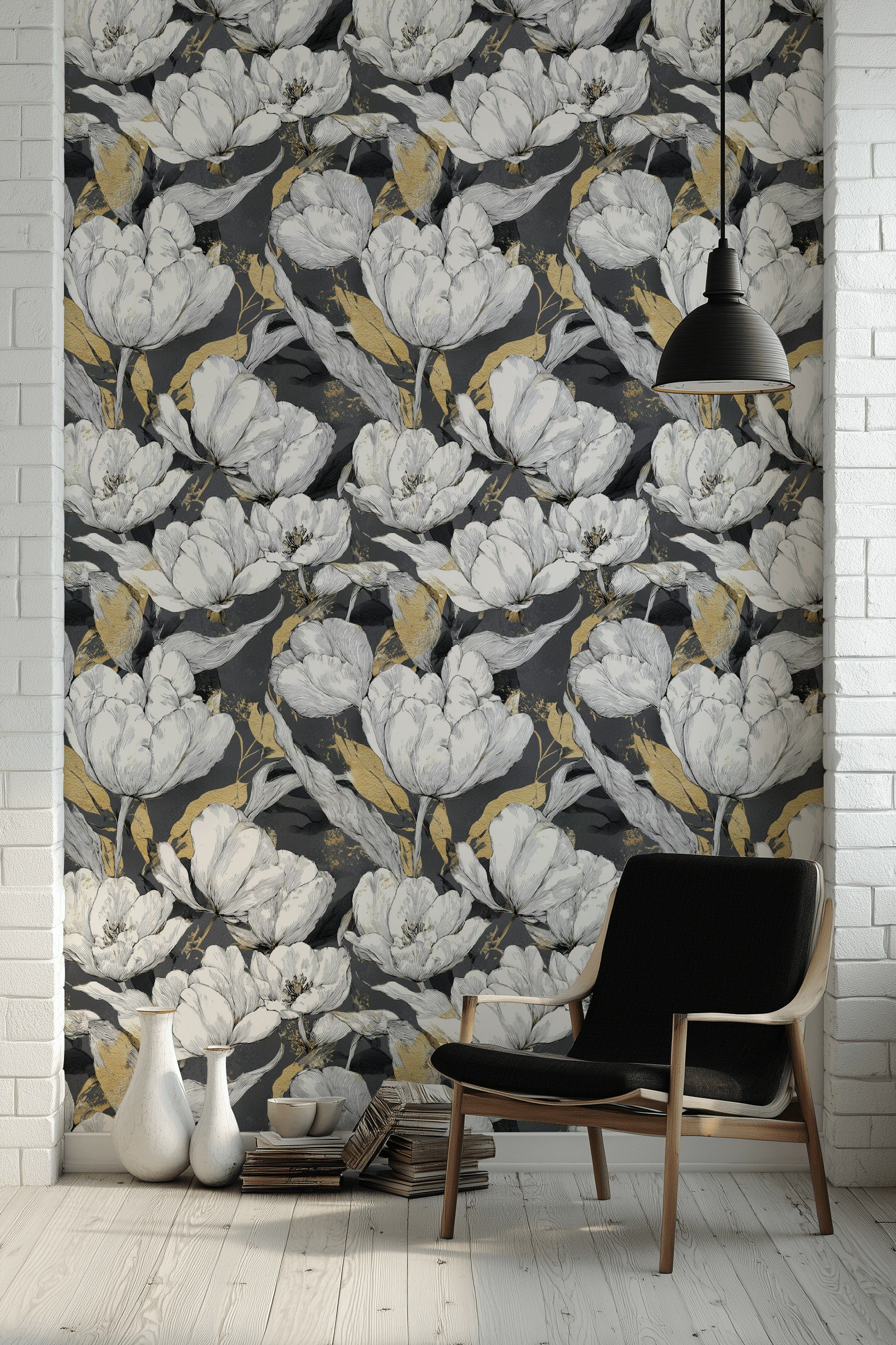 Charcoal Black and Gold Look Large Floral Wallpaper