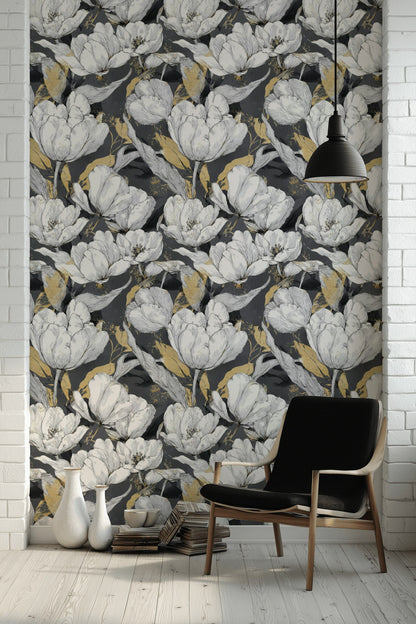 Charcoal Black and Gold Look Large Floral Wallpaper