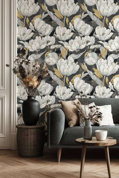 Charcoal Black and Gold Look Large Floral Wallpaper