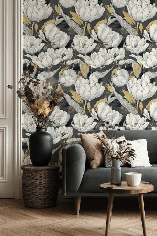 White Floral Wallpaper Gray And Gold Look Flower Wall Mural