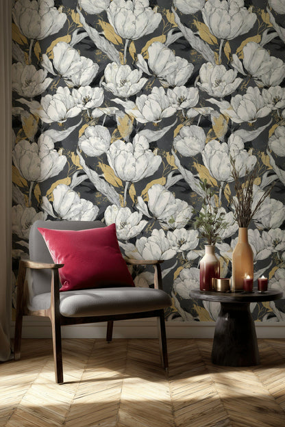 Charcoal Black and Gold Look Large Floral Wallpaper