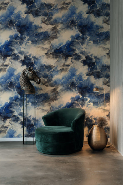 Stormy Blue and Cream Abstract Cloud Wallpaper