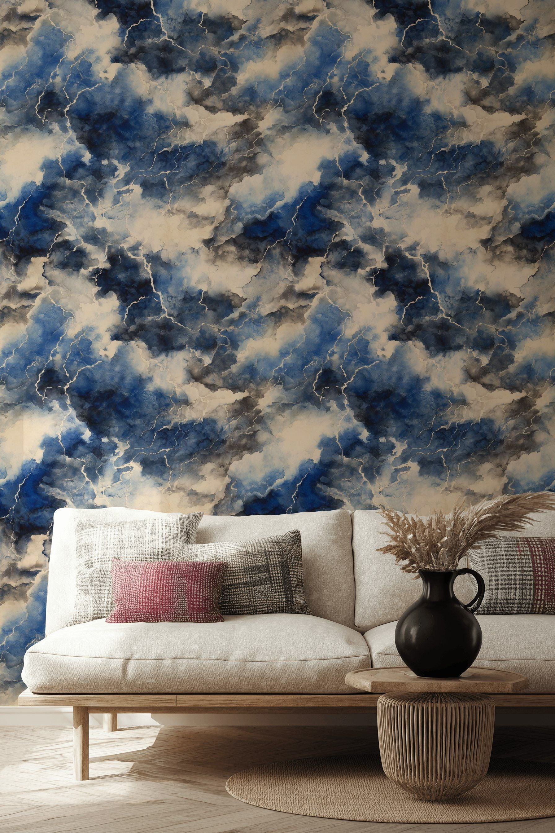 Stormy Blue and Cream Abstract Cloud Wallpaper