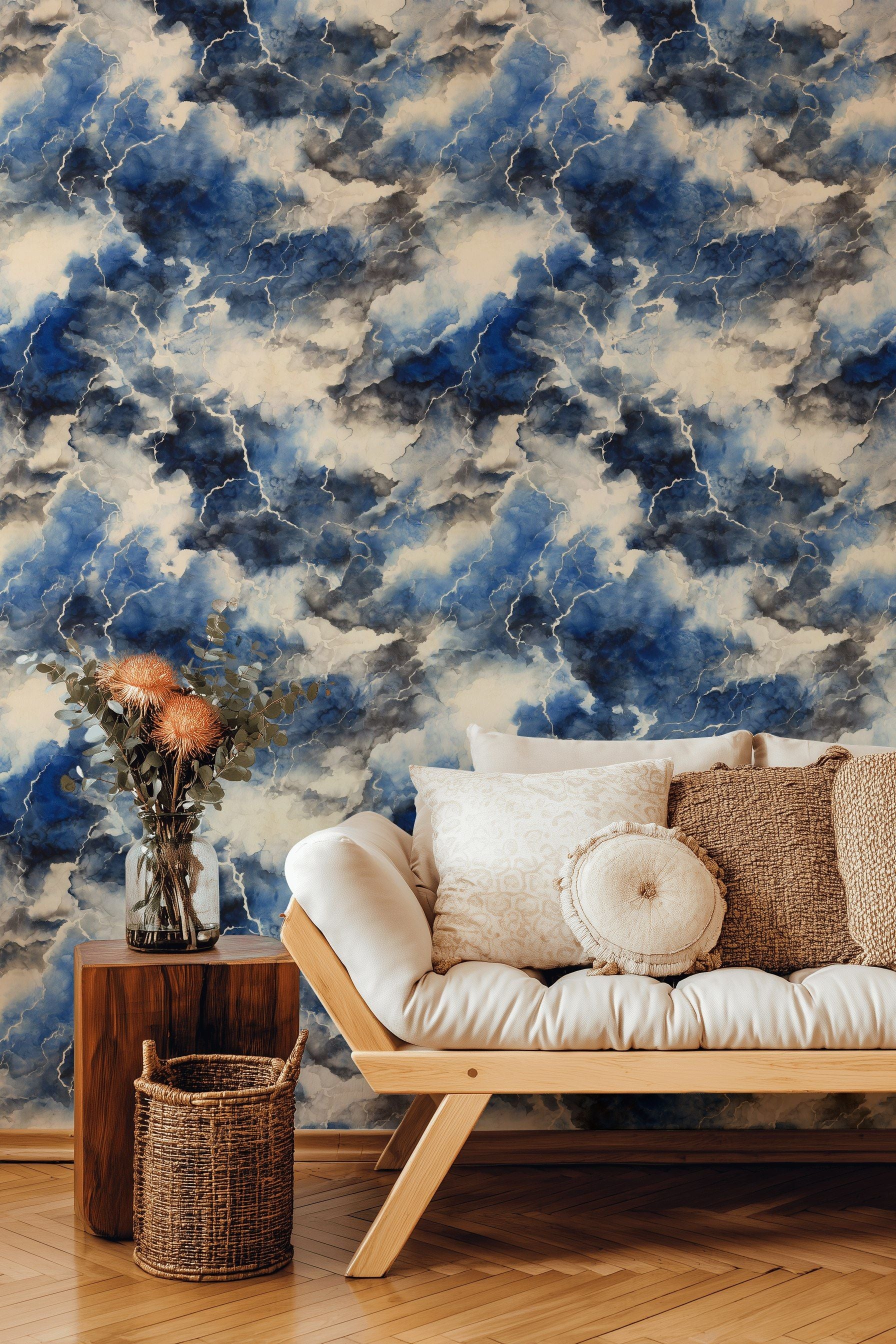 Stormy Blue and Cream Abstract Cloud Wallpaper