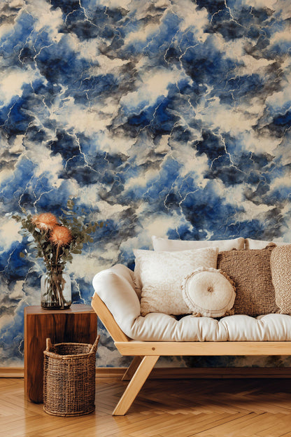 Stormy Blue and Cream Abstract Cloud Wallpaper