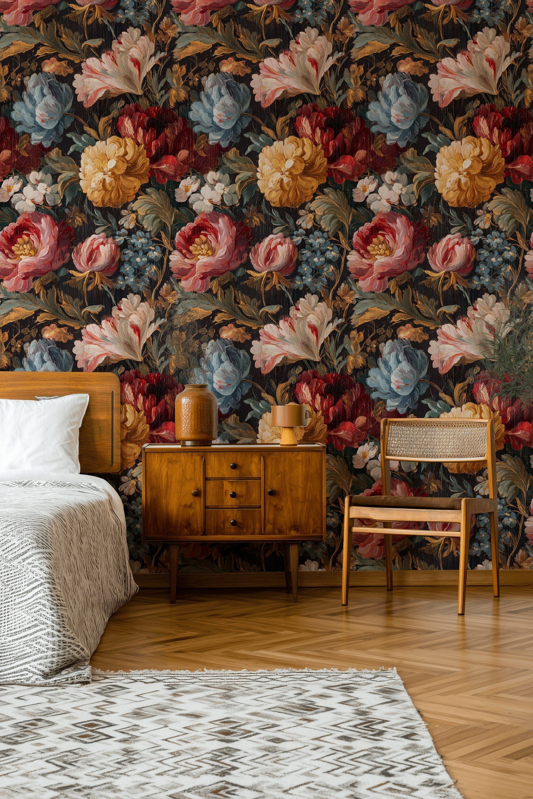 Deep Black Vintage Floral Harmony Wallpaper