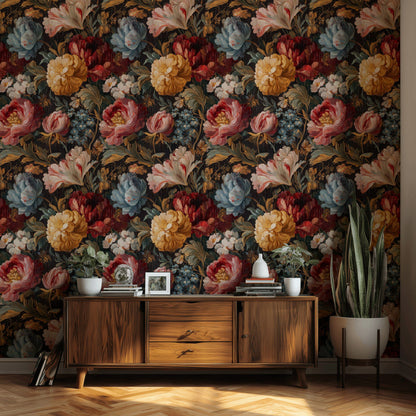 Deep Black Vintage Floral Harmony Wallpaper