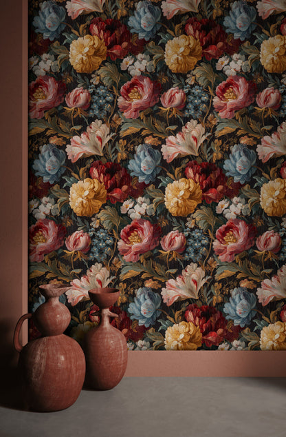 Deep Black Vintage Floral Harmony Wallpaper