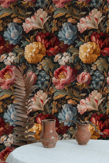 Deep Black Vintage Floral Harmony Wallpaper