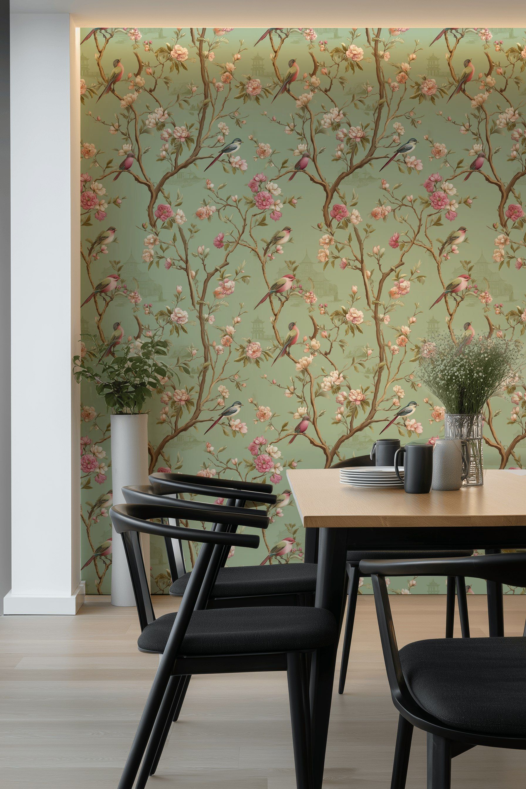 Vintage Sage Green Cherry Blossom Bird Wallpaper