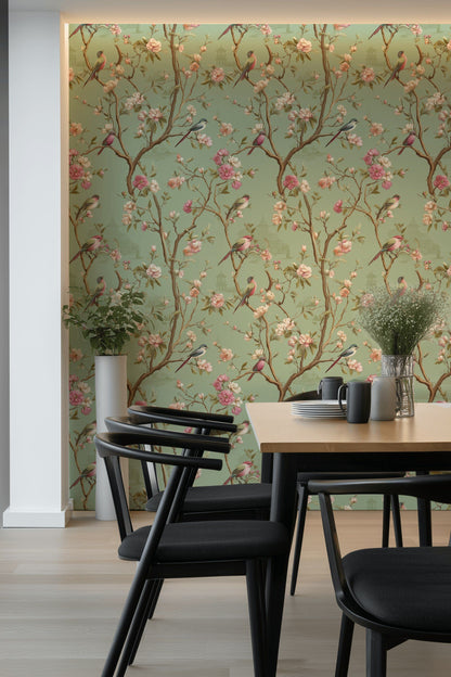 Vintage Sage Green Cherry Blossom Bird Wallpaper