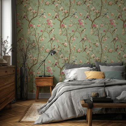 Vintage Sage Green Cherry Blossom Bird Wallpaper