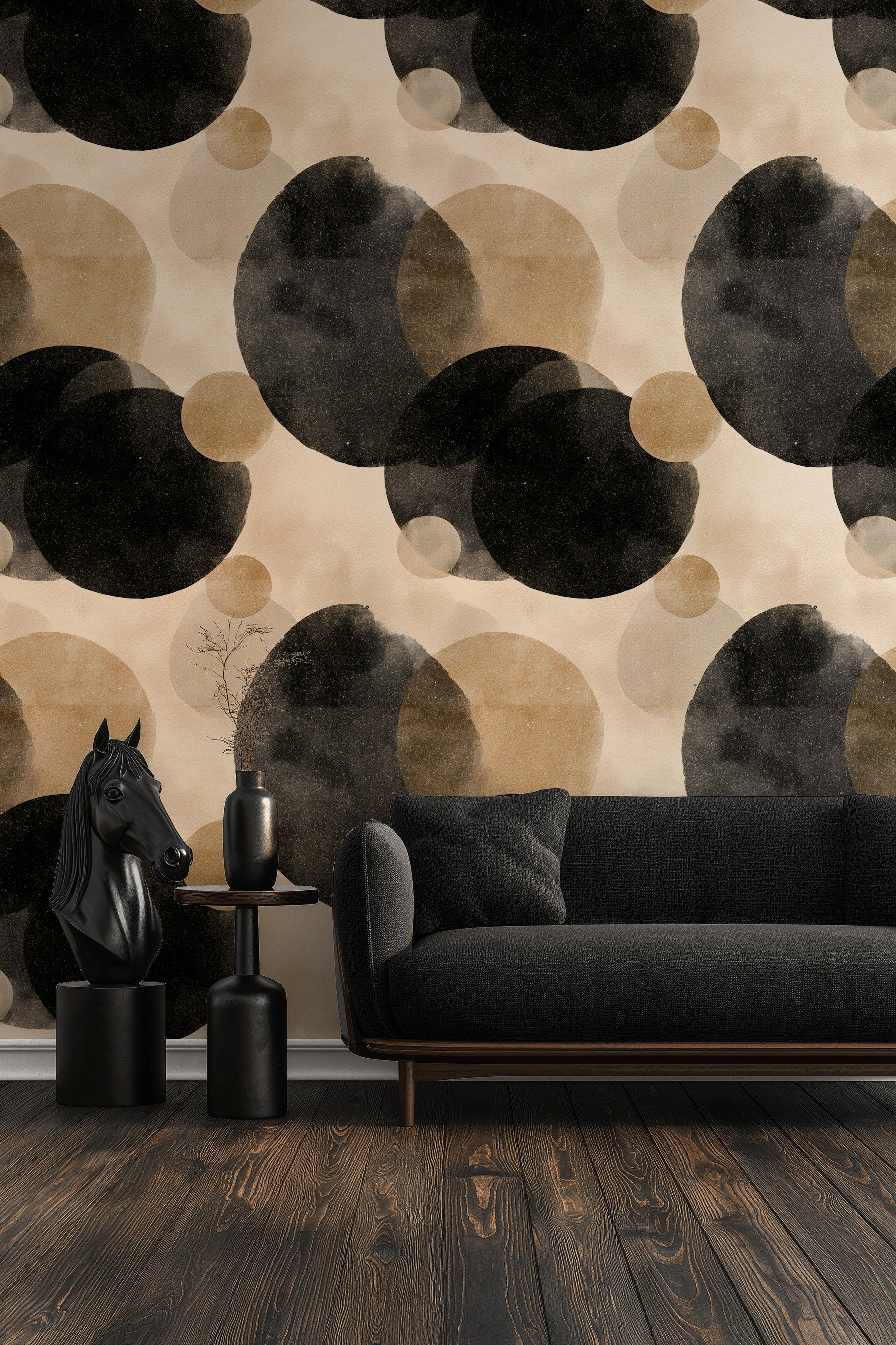 Beige and Black Abstract Circle Pattern Wallpaper