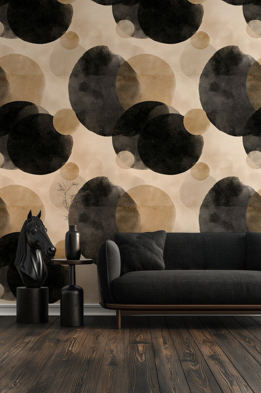 Black Circle Wallpaper Beige Abstract Wall Mural