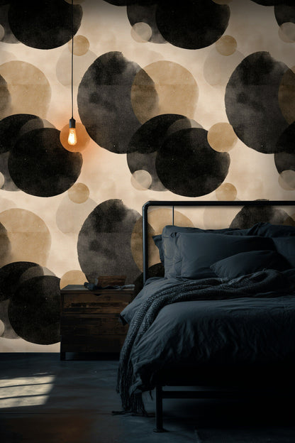 Beige and Black Abstract Circle Pattern Wallpaper